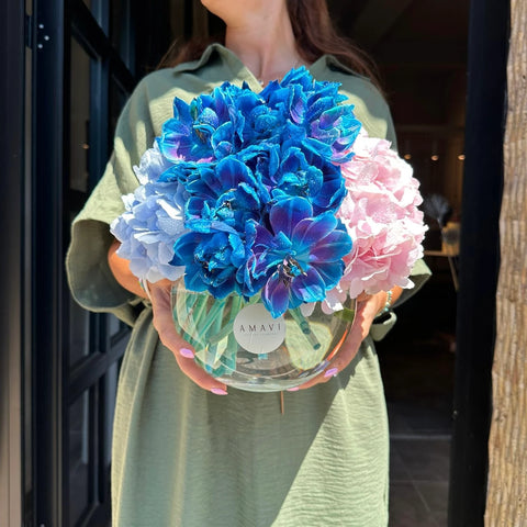 Tulip and Hydrangea in Galaxy Bloom Glass Vase