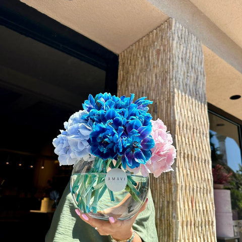 Tulip and Hydrangea in Galaxy Bloom Glass Vase