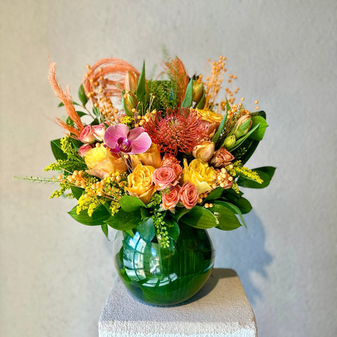 Arrangement in Sunny Green Glass Vase