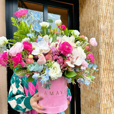 Lullaby Blooms Arrangement in Velvet Pink Box
