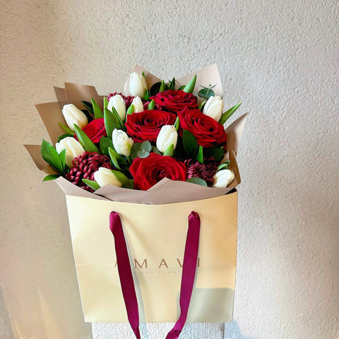 Royal Roses & White Tulips Valentine's Day Special Bag Bouquet