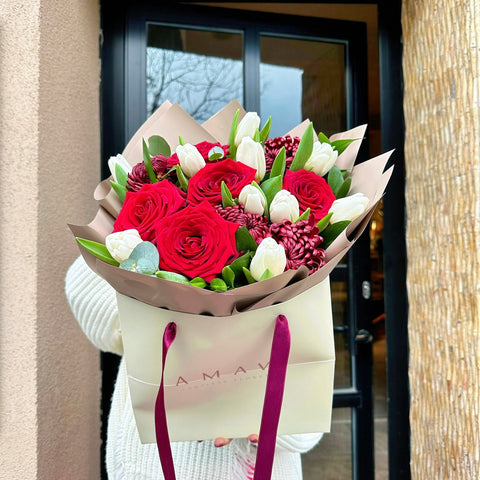 Royal Roses & White Tulips Valentine's Day Special Bag Bouquet