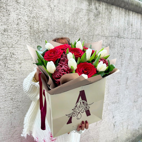 Royal Roses & White Tulips Valentine's Day Special Bag Bouquet