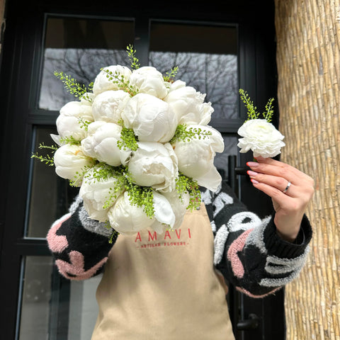 Nora White Peony Bridal Bouquet and Boutonniere