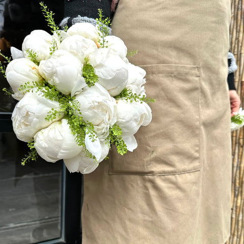 Nora White Peony Bridal Bouquet and Boutonniere