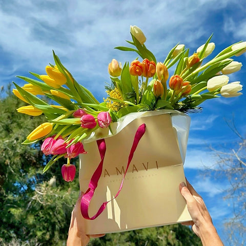 Amavi's Stylish Tulips Karton Çantada Renkli Laleler