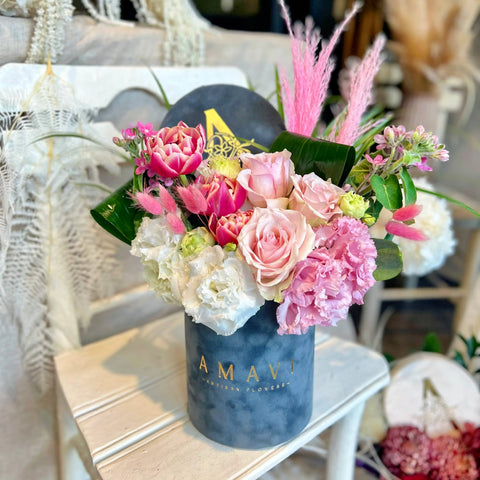 Pink Velvet Garden Pink Arrangement in Grey Velvet Box
