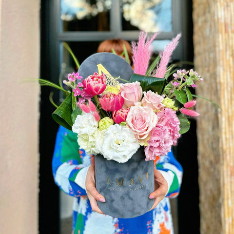 Pink Velvet Garden Pink Arrangement in Grey Velvet Box