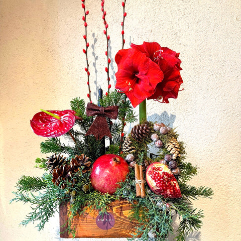 Nar & Amaryllis – Ahşap Kutuda Kış Aranjmanı