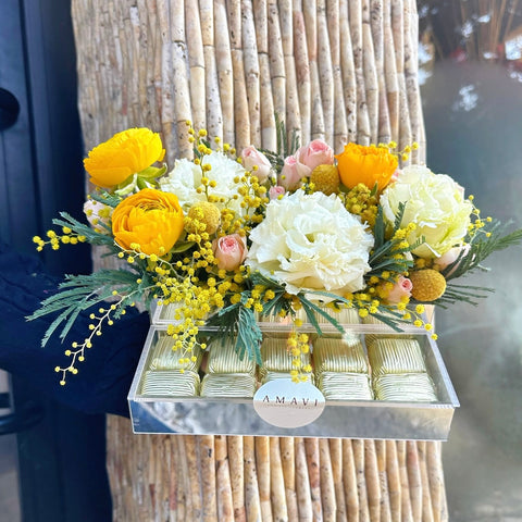 Plexiglass Chocolate Box with Mimosa for Women's Day